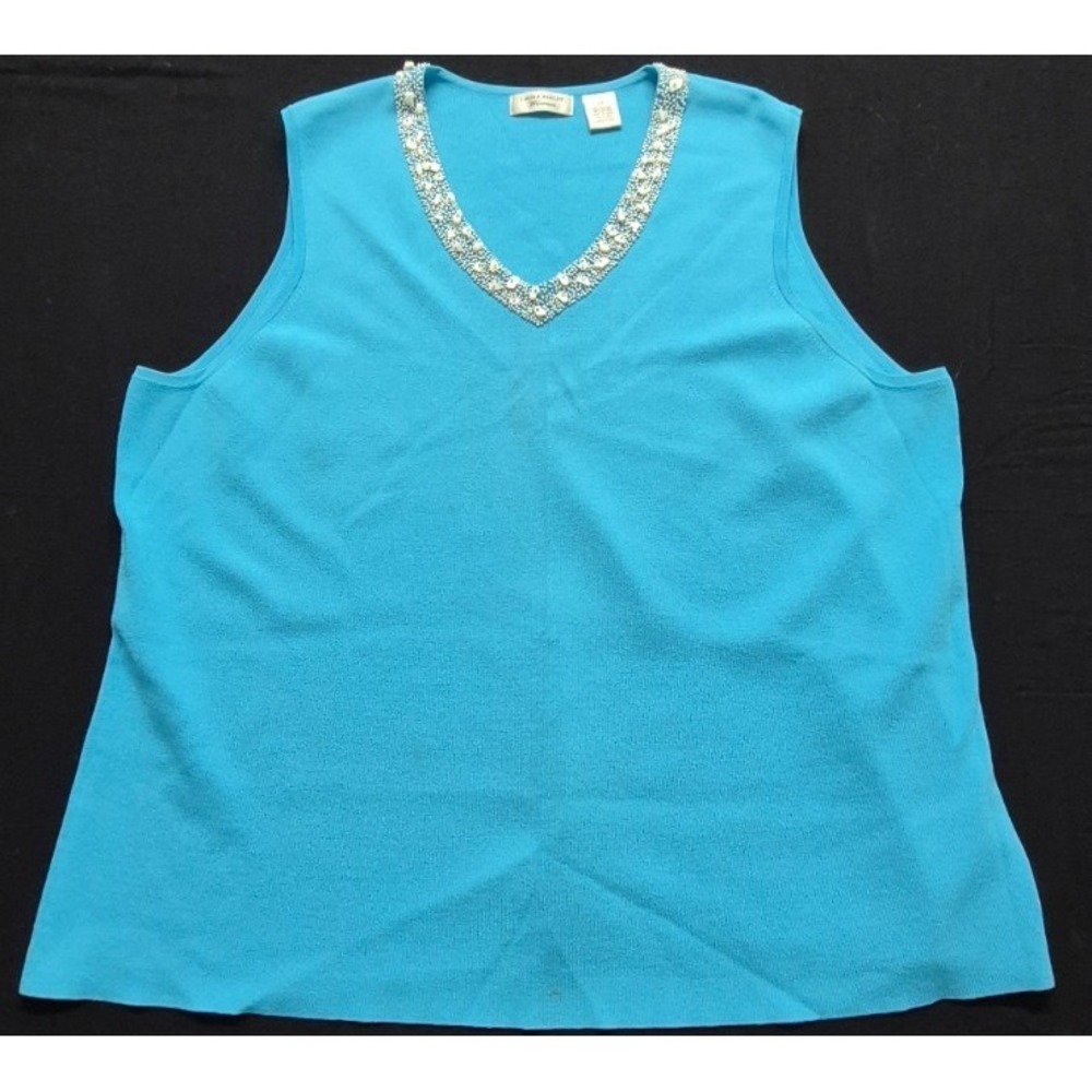 Laura Ashley women teal blue sleeveless‎ tight knit top 2X beaded v-neck classic
